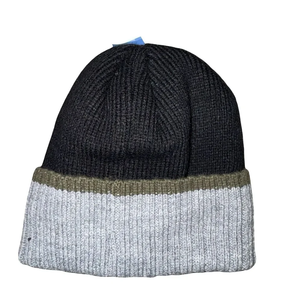 NWT True Religion Beanie Mens One Size Blck Grey Colorblock Faux Shearling Lined